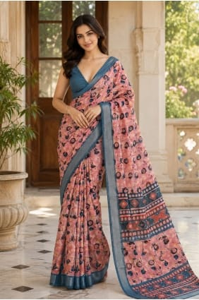 Sari en lin imprimé pêche SR30183