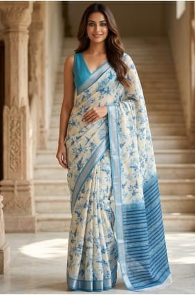 Sari bleu en lin imprimé avec chemisier assorti SR30182