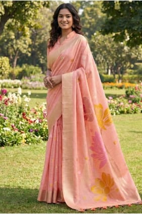 Sari en lin tissé couleur pêche avec chemisier assorti SR29822