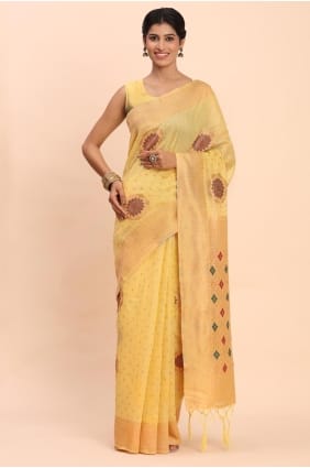 Tissage d'un sari en lin jaune SR29038