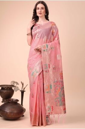 sari en lin avec tissage rose SR28456