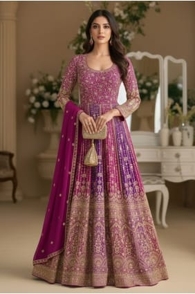 Kurta Anarkali en georgette synthétique brodée magenta AS4346
