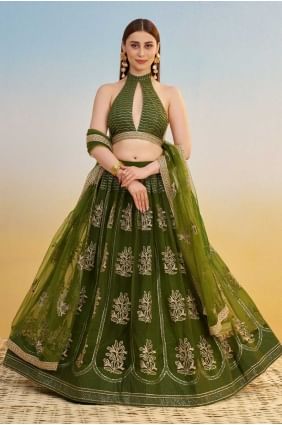 Lehenga Choli Vert Mehendi en Tulle Designer avec Dupatta LC8539