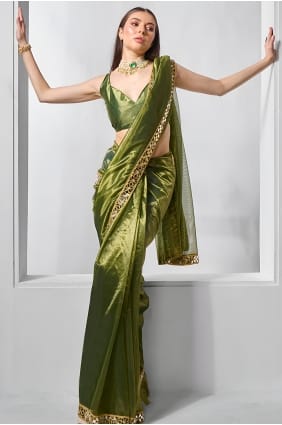Mahendi Mirror Net Saree avec chemisier de créateur SR29823