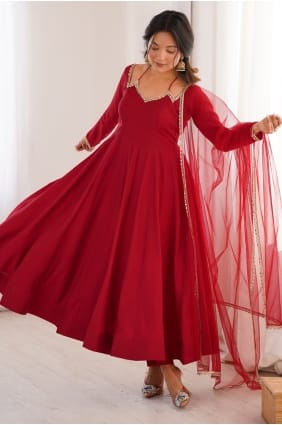 Ensemble Anarkali en soie Chanderi bordeaux avec dentelle AS4202