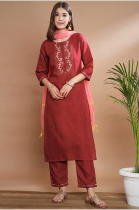 Salwar Kameez bordeaux en mélange de coton brodé SK15749