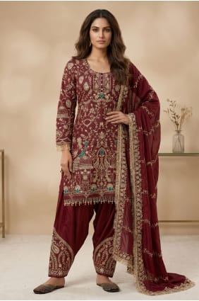 Salwar Kameez en crêpe brodé bordeaux SK159163