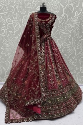 Ensemble de mariée Lehenga Choli en velours brodé marron LC8662