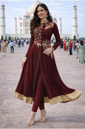 Salwar Kameez en georgette bordeaux avec broderies SK156049