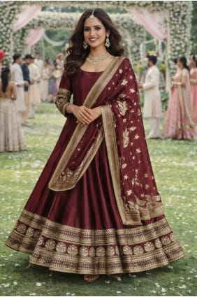 Robe longue en soie bordeaux brodée GW1223