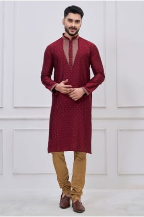 Kurta en soie pour homme avec broderies bordeaux KURR256