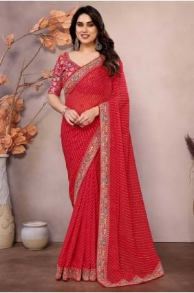 Georgette Maroon Sari en broderie SR28697