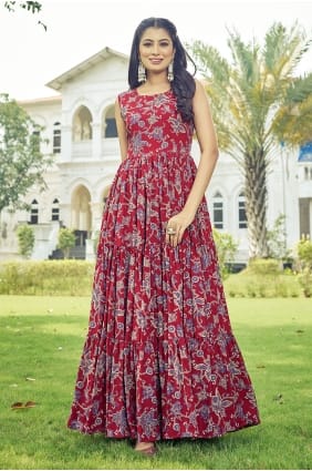 Robe longue bordeaux imprimée en rayonne avec dupatta GW1307