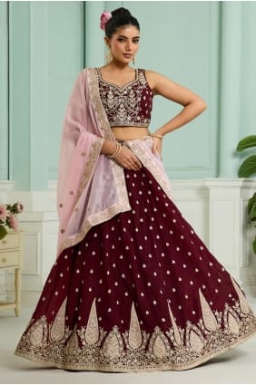 Lehenga choli bordeaux en organza à sequins LC8764