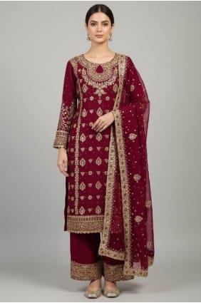 Ensemble palazzo bordeaux à sequins en georgette synthétique avec dupatta PZ4297