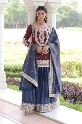 Ensemble palazzo en soie bordeaux à sequins pour l'Aïd PZ4284