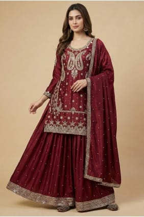 Ensemble palazzo en soie à sequins bordeaux avec dupatta pour l'Aïd PZ4279
