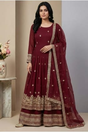 Ensemble palazzo bordeaux en soie à sequins avec dupatta PZ4346