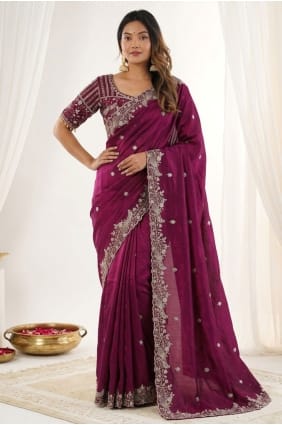 Sari de soirée brodé en satin bordeaux SR30108