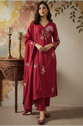Chanderi soie brodée marron Eid Salwar Kameez avec Dupatta SK156023