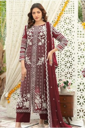 Salwar Kameez bordeaux en mousseline brodée SK159131