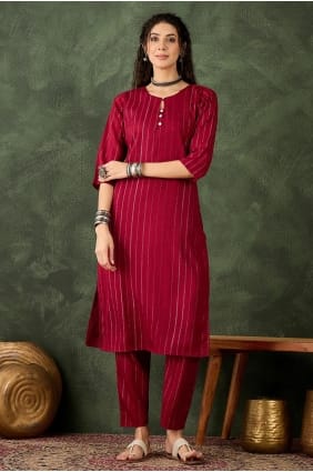 Salwar Kameez brodé en mélange de coton bordeaux SK15831