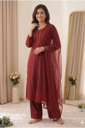 Miroir Chanderi marron Salwar Kameez avec Dupatta SK159134