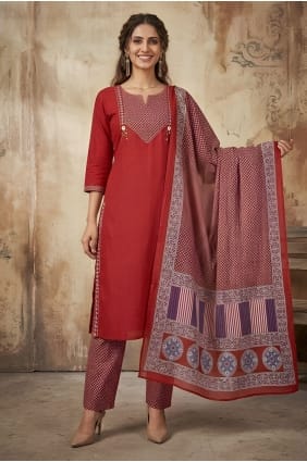 Salwar Kameez en coton imprimé bordeaux SK159106