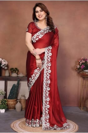 Sari en soie brodée couleur bordeaux SR29574