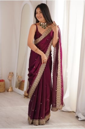 Sari en satin bordeaux à sequins SR30165