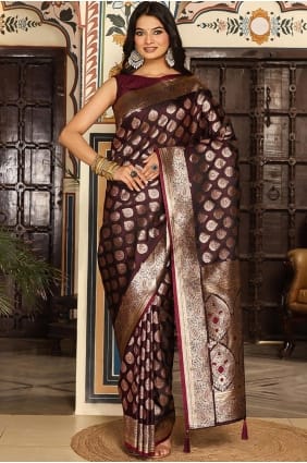 Sari en soie marron tissé SR29202
