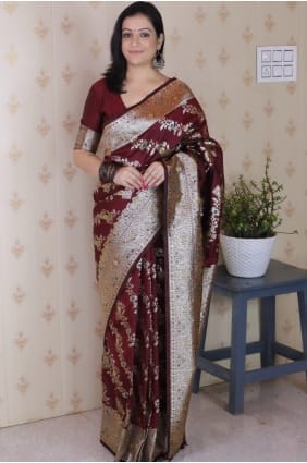 Saree tissé marron en soie Banarasi SR28980