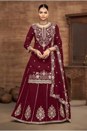 Lehenga choli marron avec soie brodée LC8593