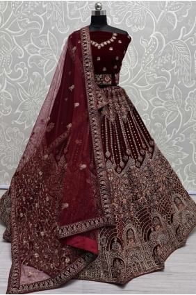 maroon wedding lehenga choli in velvet with stone with moti LC8343