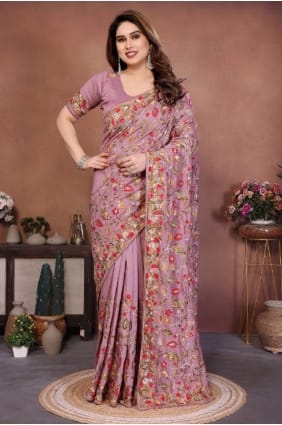 Sari en soie brodée mauve avec chemisier assorti SR29908