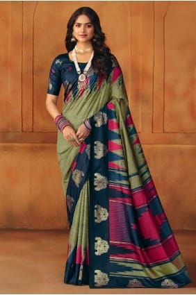 Sari Manipuri vert Mehendi imprimé SR29741