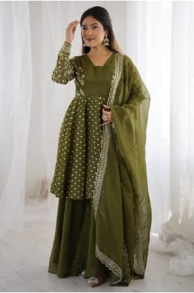 Ensemble palazzo en soie vert henné à sequins avec dupatta PZ4352