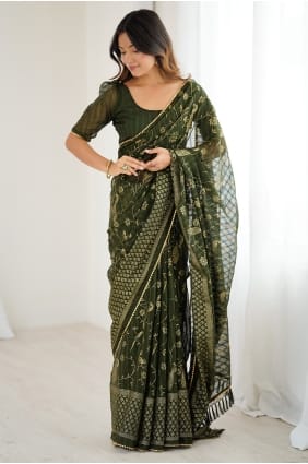 Sari en georgette Mehendi avec dentelle SR30008