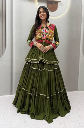 Lehenga Choli Mehendi avec dentelle en coton LC9173