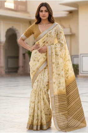 Sari imprimé en lin Mehendi SR30181