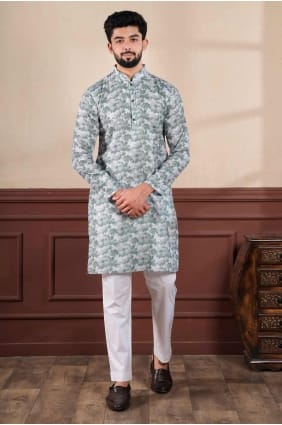 men kurta in forest green linen with digital print KURR475