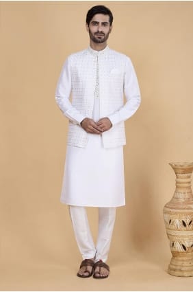 Kurta homme blanc cassé en soie Banarasi brodée KURR232