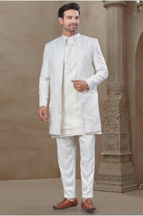 pyjama kurta pour homme avec gilet en soie blanche à imprimés KURR523