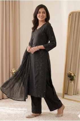 Salwar Kameez en Chanderi noir avec miroir SK159133