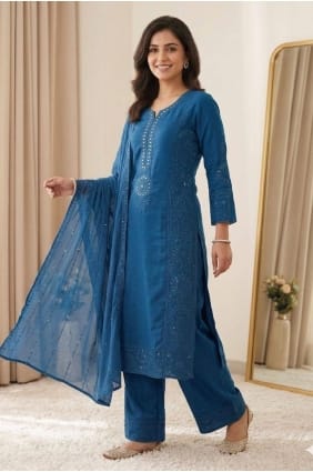 Salwar Kameez miroir en Chanderi turquoise SK159136