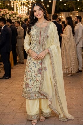 Salwar Kameez à miroirs en mousseline de soie crème SK159139