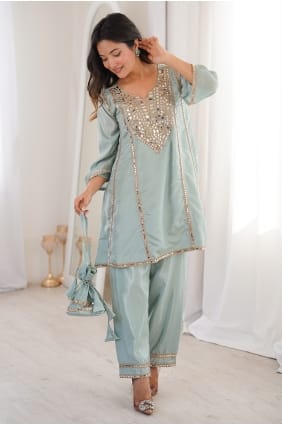 Ensemble palazzo en organza bleu ciel effet miroir PZ4428