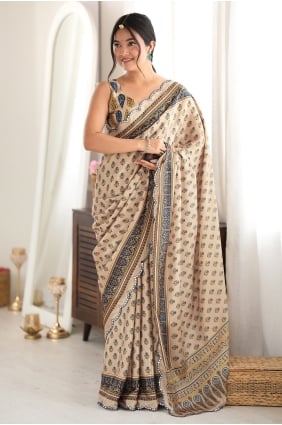 Sari en mousseline de soie beige avec imprimé miroir SR30270