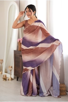 Sari en mousseline Chinon avec imprimé miroir marron SR30263