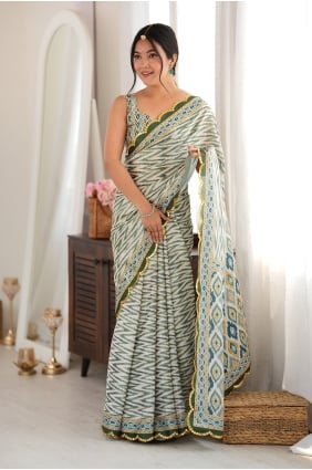 Sari en mousseline de soie Chinon imprimé miroir vert SR30269